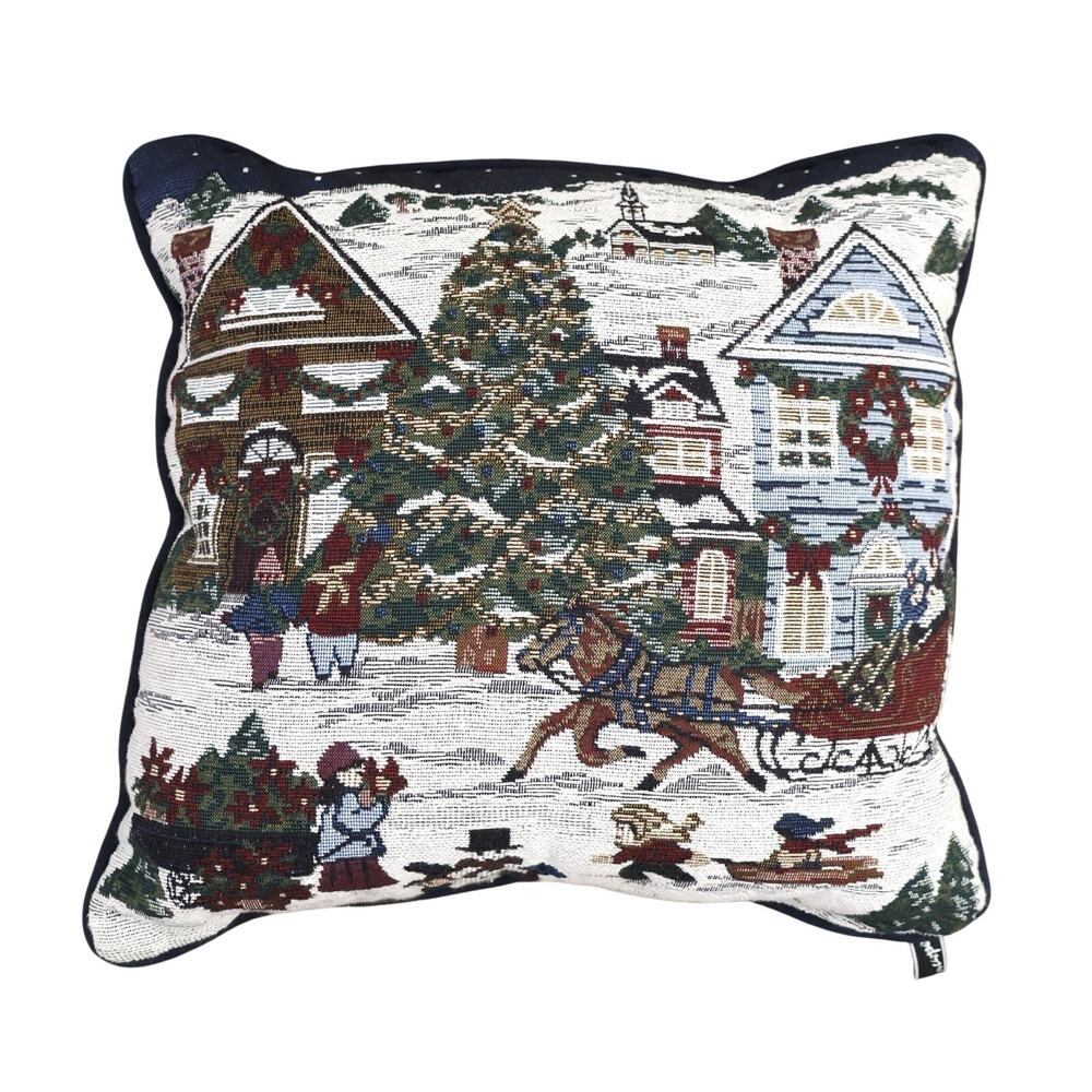 Vintage Newport Christmas Holiday Snow Village Tapestry Throw Pillow 16x16